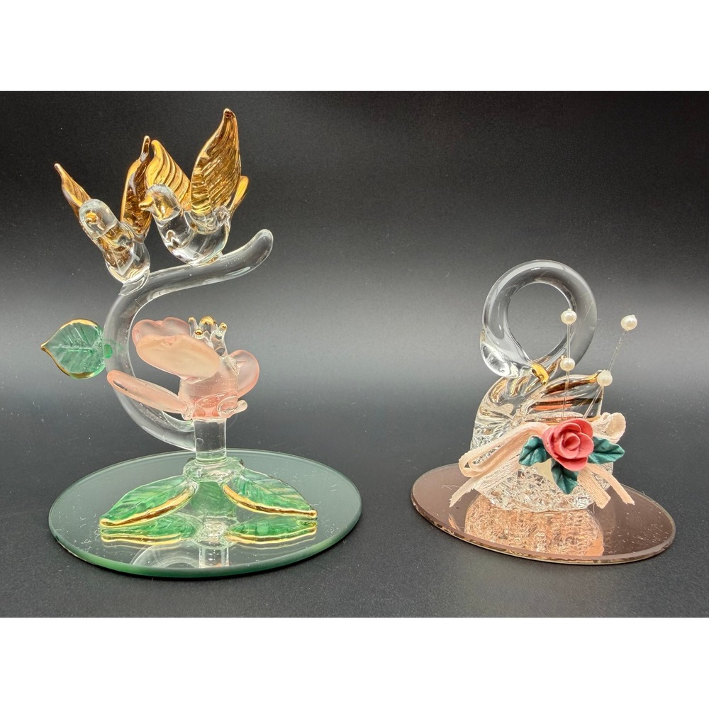 Vintage Hand Blown Glass Birds and Swan Figurines Mirror Base Gold Accents 2pc